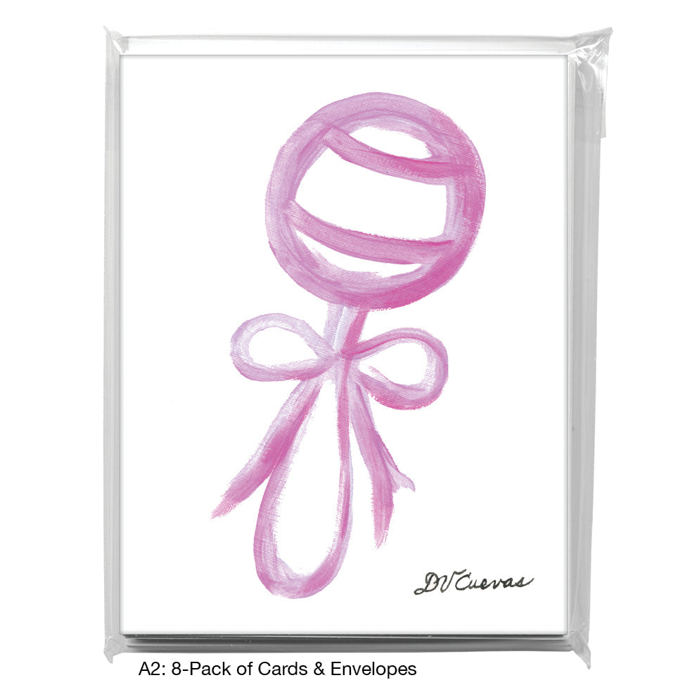 Rattle with Bow - Pink, Greeting Card (8695E), A2 Card 8-Pack, www.printedcanvas.com