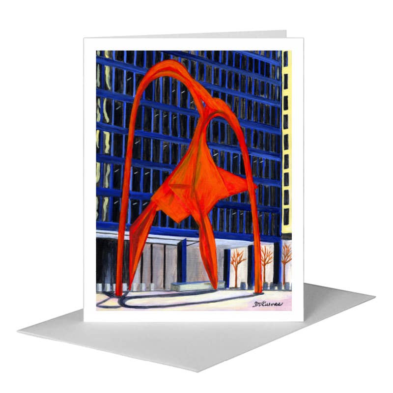 Calder Flamingo Sculpture, Chicago, Greeting Card (#7524A) A2 Card Front, www.printedcanvas.com