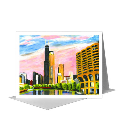 Pink Sky, Chicago, Greeting Card (#7278A) A2 Card Front, www.printedcanvas.com