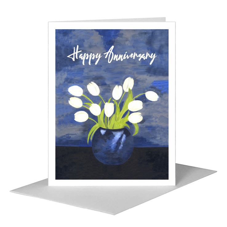 White Tulips on Blue, Greeting Card (#7084C) A2 Card Front, www.printedcanvas.com