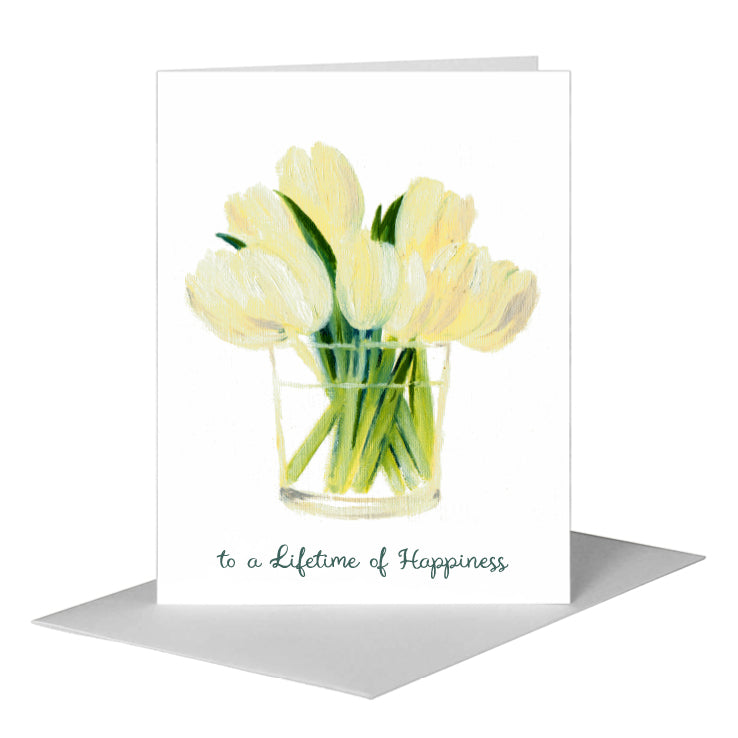 White Tulips in Glass, Greeting Card (#7096E), A2 Card Front, www.printedcanvas.com
