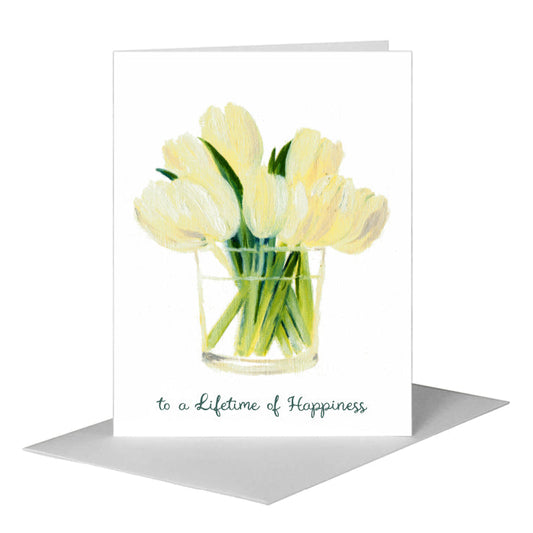 White Tulips in Glass, Greeting Card (#7096E) A2 Card Front, www.printedcanvas.com