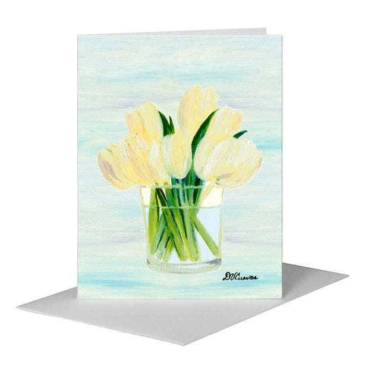 White Tulips in Glass, Greeting Card (#7096G) A2 Card Front, www.printedcanvas.com