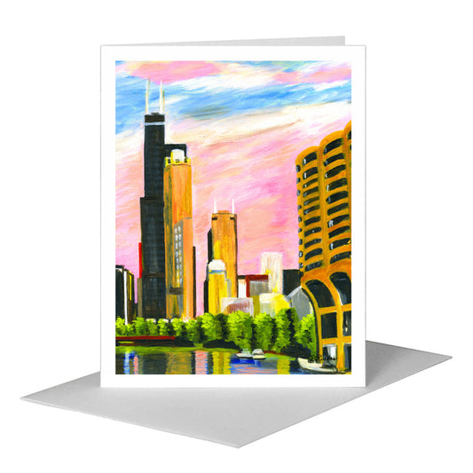 Pink Sky, Chicago, Greeting Card (#7278C) A2 Card Front, www.printedcanvas.com