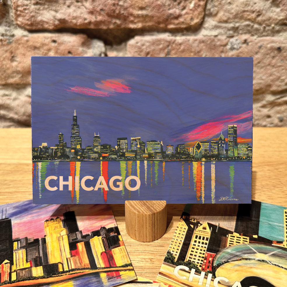 Dusk Skyline, Chicago, Wood Postcard (PCW-7365A)