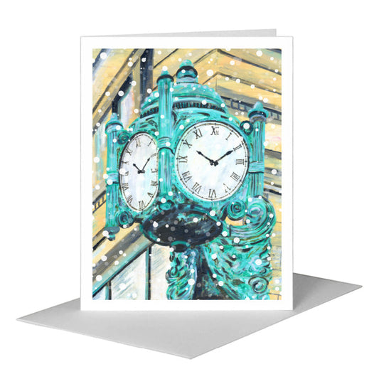 Marshall Fields Clock, Chicago, Greeting Card (#7414B) A2 Card Front, www.printedcanvas.com