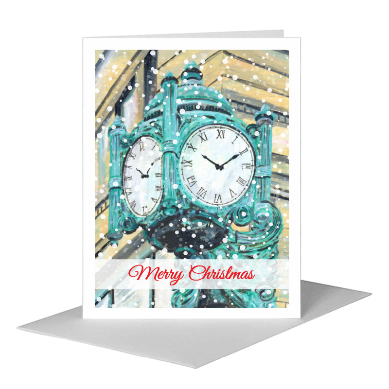 Marshall Fields Clock, Chicago, Greeting Card (#7414C) A2 Card Front, www.printedcanvas.com