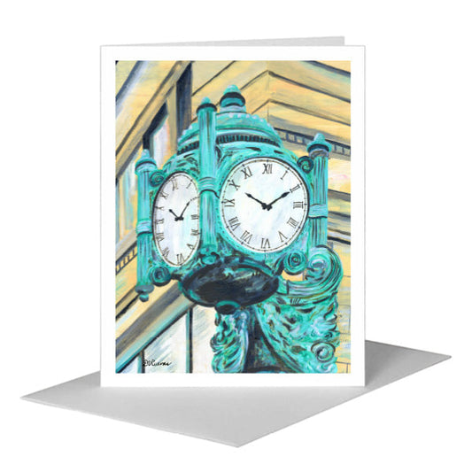 Marshall Fields Clock, Chicago, Greeting Card (#7414D) A2 Card Front, www.printedcanvas.com