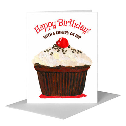 Cherry Topped Cupcake, Greeting Card (#7897F), A2 Card Front, www.printedcanvas.com