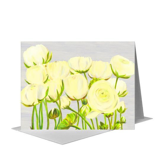 White Ranunculus, Greeting Card (#7933G) A2 Card Front, www.printedcanvas.com