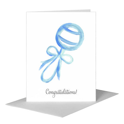Rattle with Bow - Blue, Greeting Card (#7944B) A2 Card Front, www.printedcanvas.com