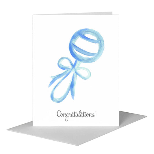 Rattle with Bow - Blue, Greeting Card (#7944B) A2 Card Front, www.printedcanvas.com