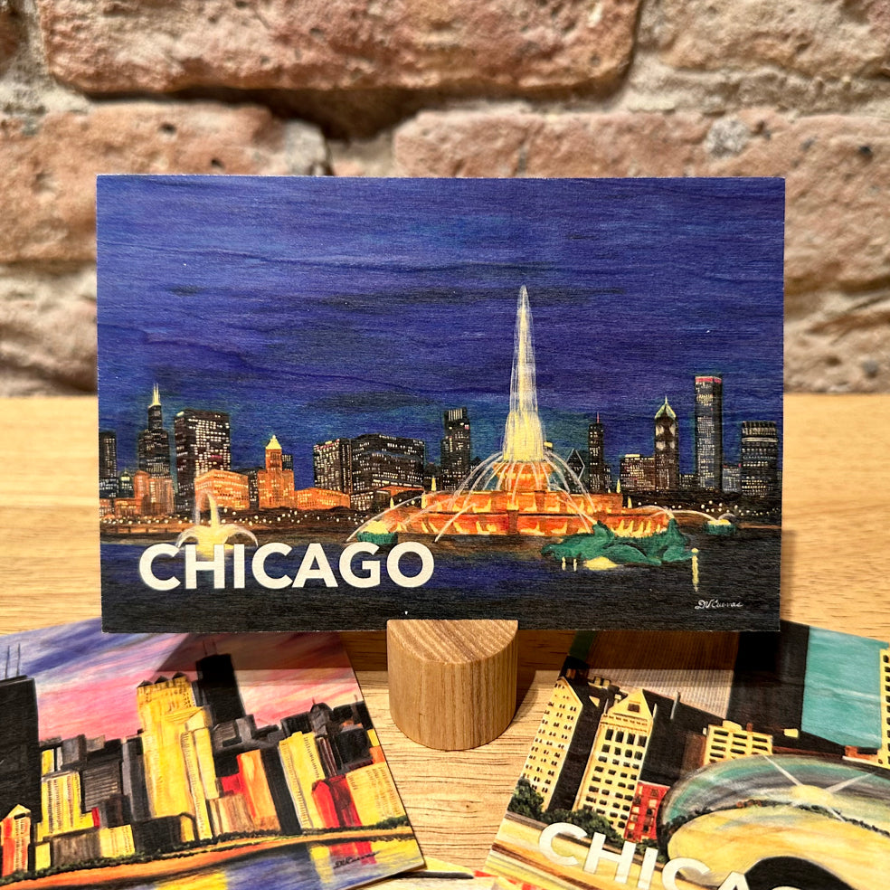Buckingham Fountain at Night, Wood Postcard (PCW-8390A)