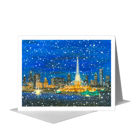 Buckingham Fountain at Night, Chicago, Greeting Card (#8390B) A2 Card Front, www.printedcanvas.com