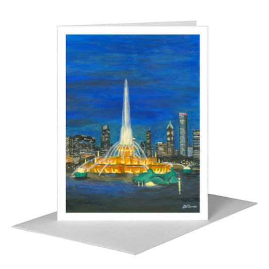 Buckingham Fountain at Night, Chicago, Greeting Card (#8390E) A2 Card Front, www.printedcanvas.com