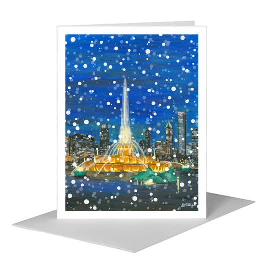 Buckingham Fountain at Night, Chicago, Greeting Card (#8390F) A2 Card Front, www.printedcanvas.com
