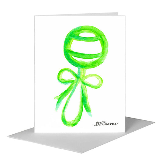 Rattle with Bow - Green, Greeting Card (#8694F) A2 Card Front, www.printedcanvas.com