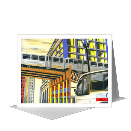 Bus Under Tracks, Chicago, Greeting Card (#7281A) A2 Card Front, www.printedcanvas.com