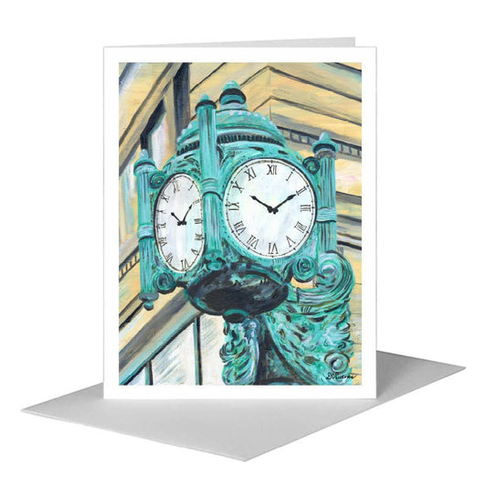 Marshall Fields Clock, Chicago, Greeting Card (#7414E) A2 Card Front, www.printedcanvas.com