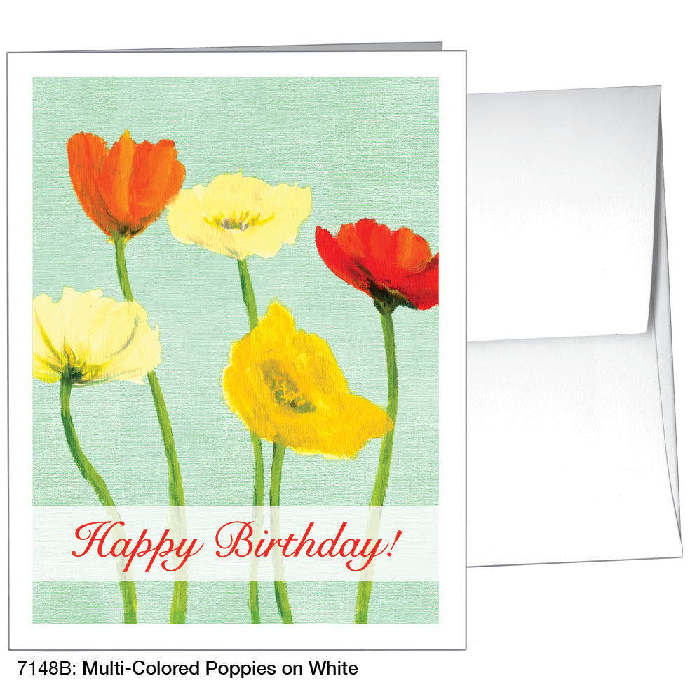 Multi-Colored Poppies On White, Greeting Card (7148B)