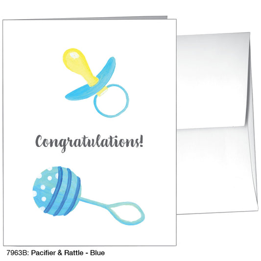 Pacifier & Rattle - Blue, Greeting Card (7963B)