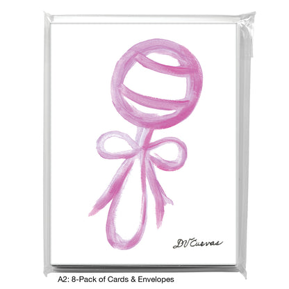 Rattle With Bow - Pink, Greeting Card (8695E)